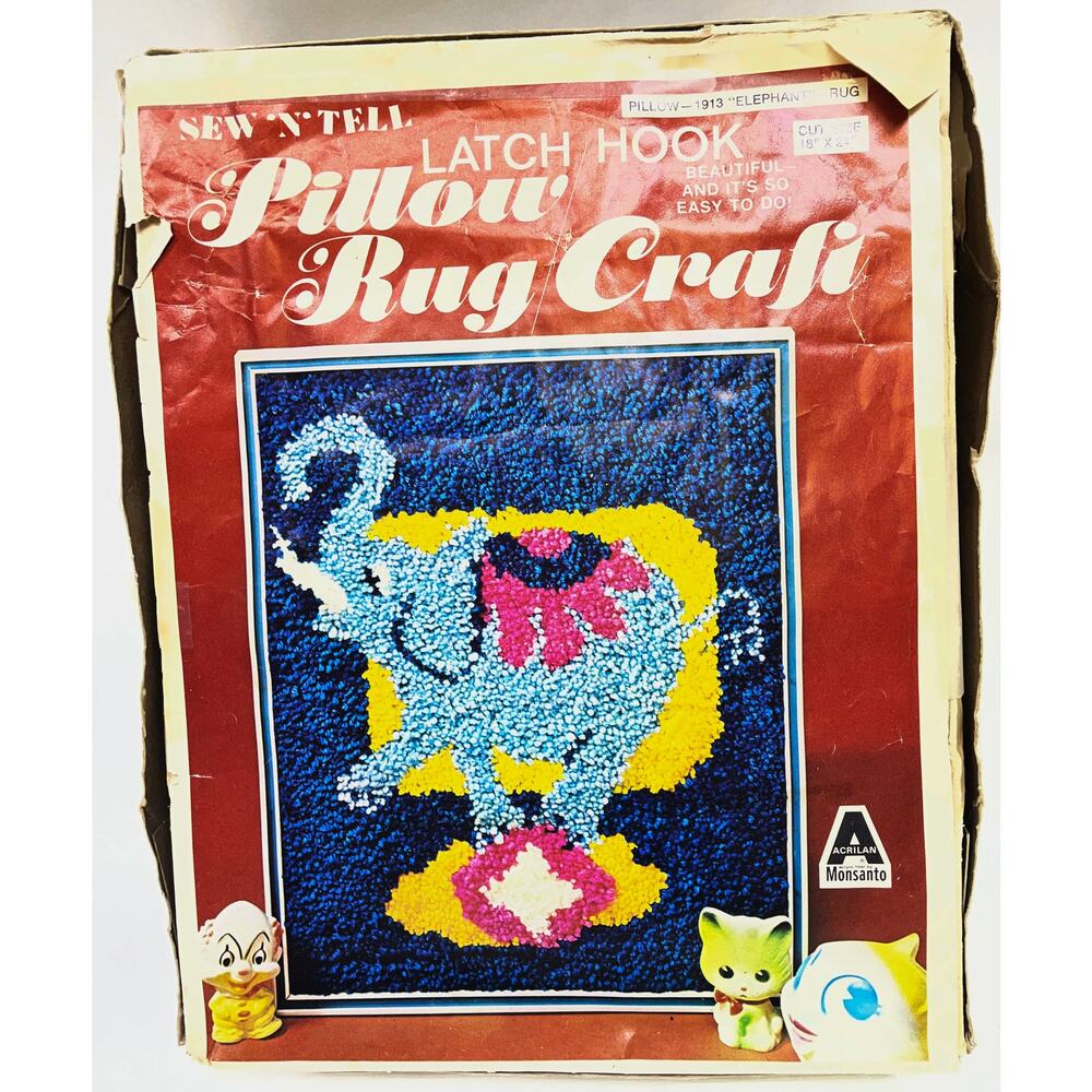 Vintage Sew N Tell 1970s Latch Hook Rug Circus Elephant Partially Used Complete